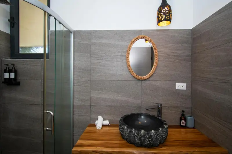 Une salle de bain moderne avec douche à l'italienne et vasque en pierre.