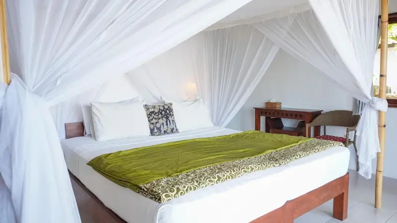 Une chambre lumineuse avec un lit recouvert de moustiquaire et d'un plaid vert.
