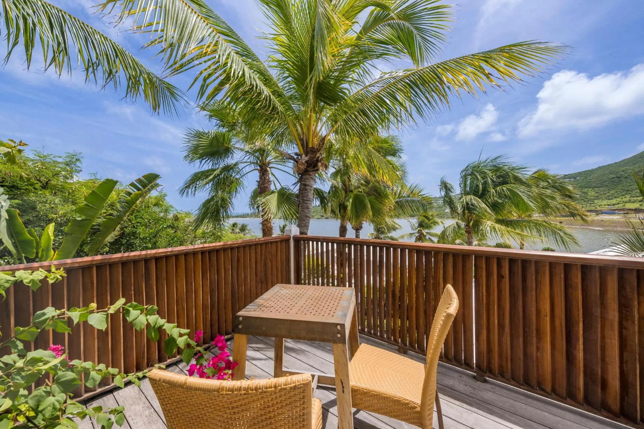 Terrasse en bois avec mobilier de jardin et vue sur la mer.