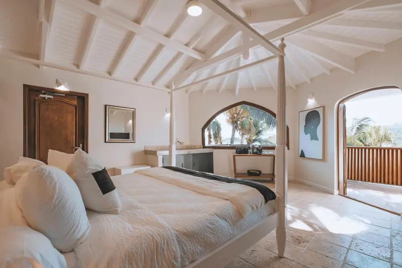 Une chambre lumineuse avec un lit à baldaquin et une vue sur la végétation.
