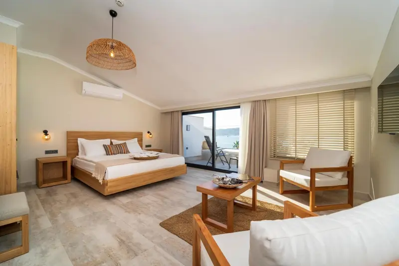 Une chambre lumineuse avec un grand lit et un coin salon.