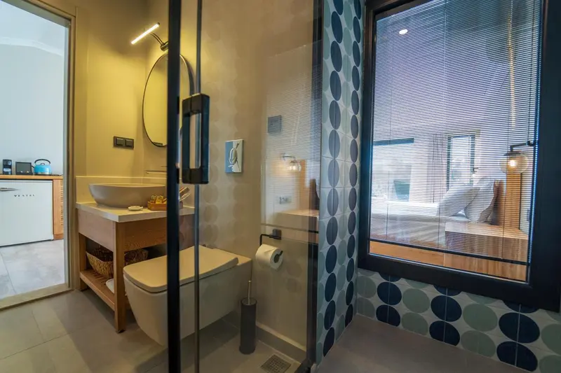 Une salle de bain moderne avec douche à l'italienne et toilettes.