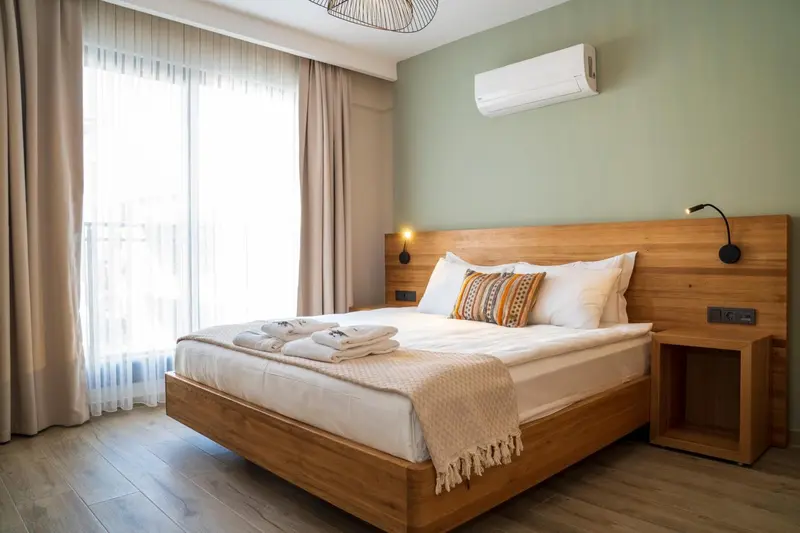 Une chambre lumineuse avec un grand lit et des rideaux beiges.