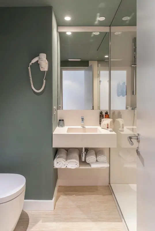 Une salle de bain moderne avec douche à l'italienne et lavabo intégré.