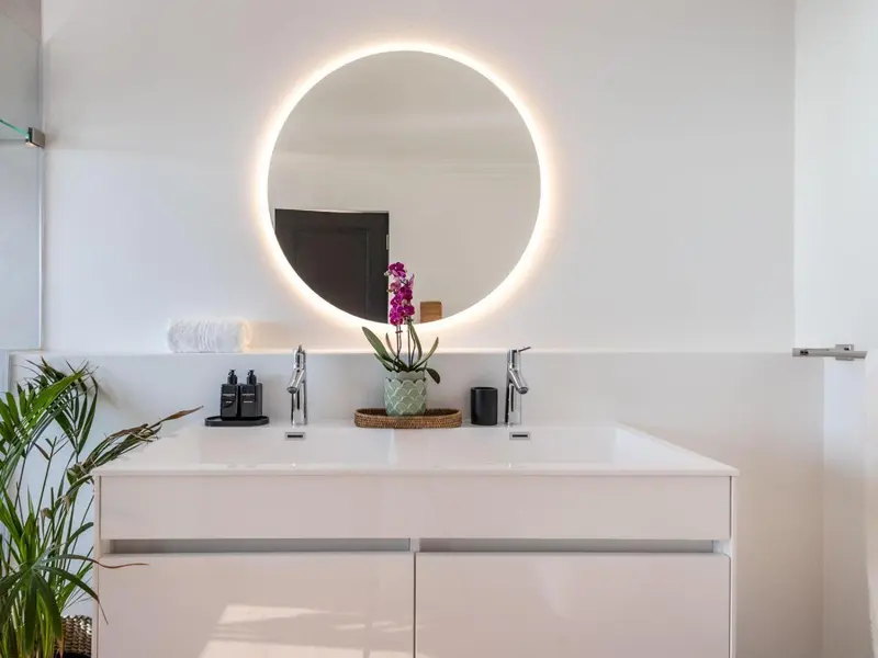 Une salle de bain moderne avec un grand miroir rond et une plante en pot.