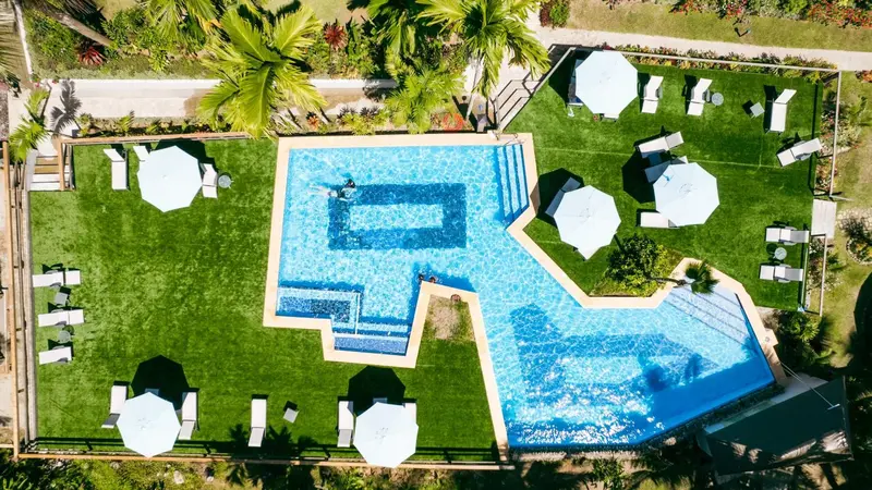 Vue aérienne d'une piscine rectangulaire entourée de chaises longues et de végétation.