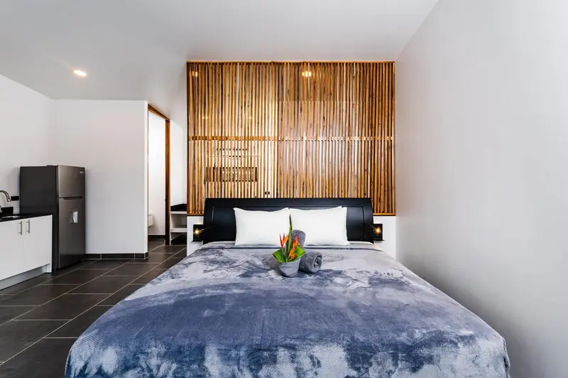 Une chambre avec un grand lit et une kitchenette.