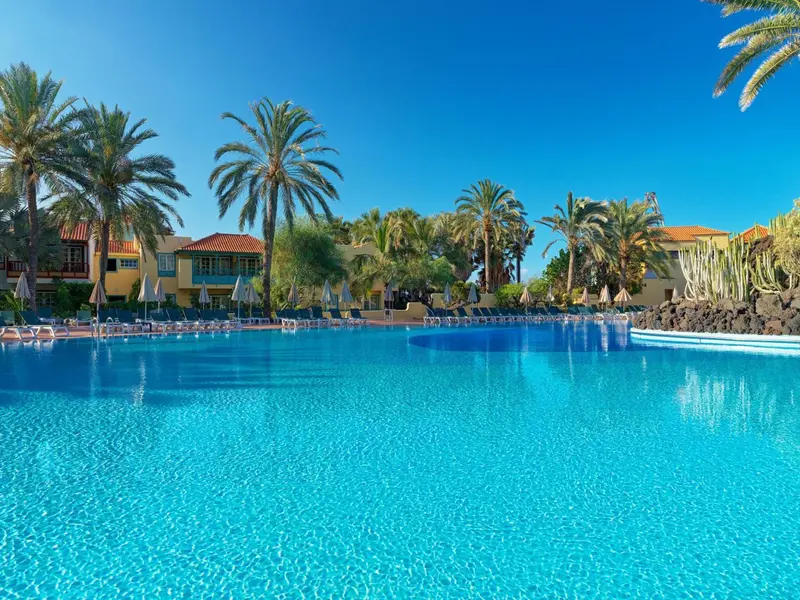 Vue aérienne d'une piscine turquoise bordée de transats et de palmiers.