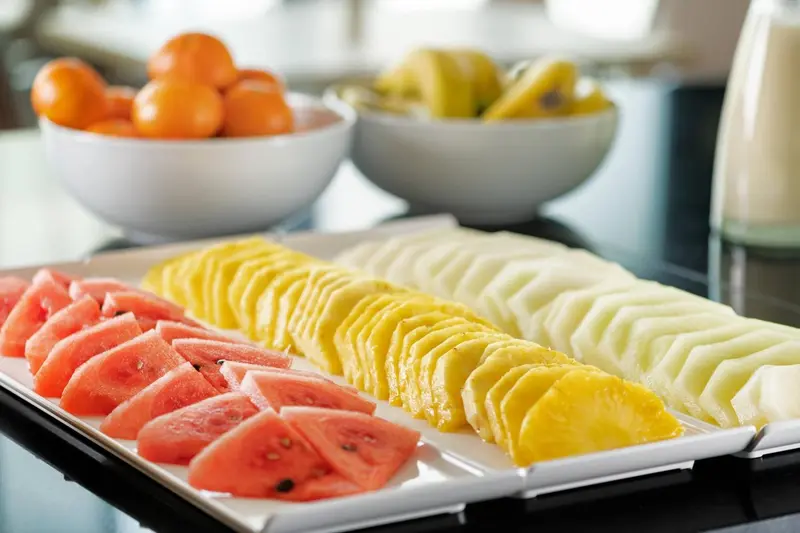 Assortiment de fruits frais coupés en tranches sur un buffet.