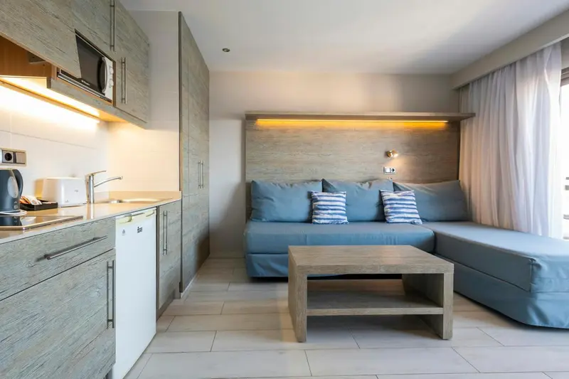 Une kitchenette moderne s'ouvre sur un espace salon avec canapé et coussins.