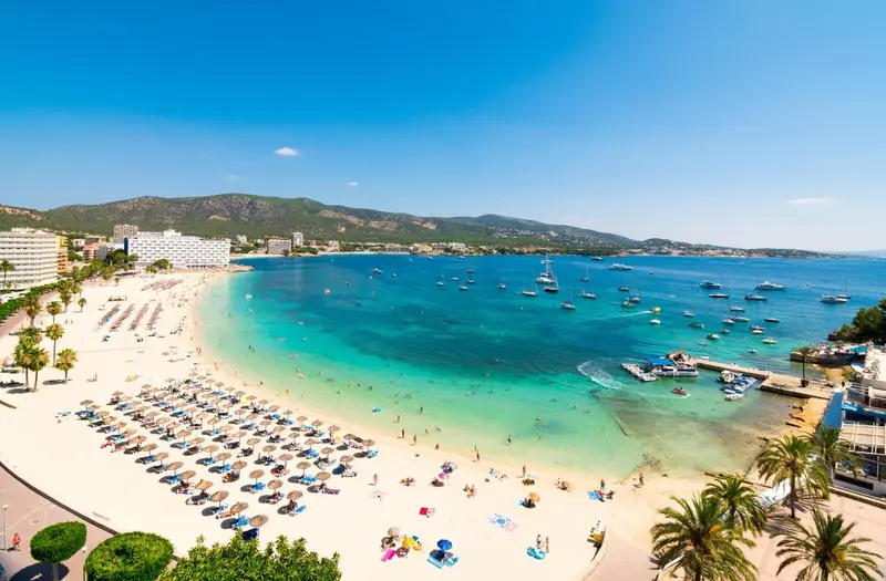 Vue aérienne d'une plage de sable fin bordée de parasols et de palmiers.
