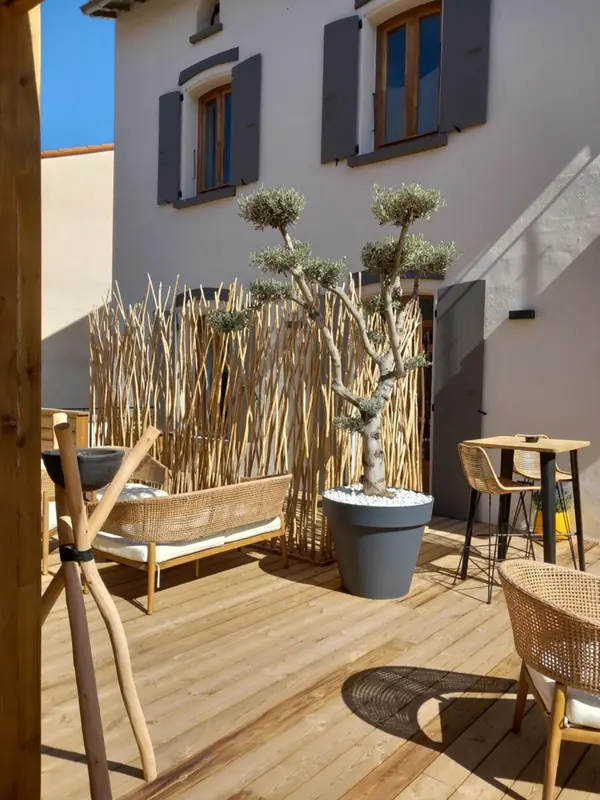 Terrasse en bois avec mobilier d'extérieur et plantes ornementales.