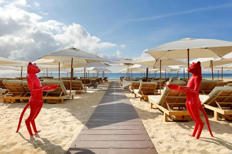 Transats alignés sur une plage de sable fin sous des parasols blancs.