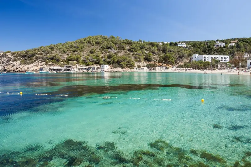 Vue aérienne d'une plage de sable fin bordée d'une eau turquoise et de rochers.