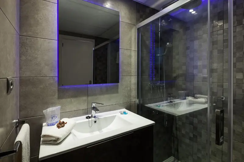 Une salle de bain moderne avec douche à l'italienne et grand miroir.