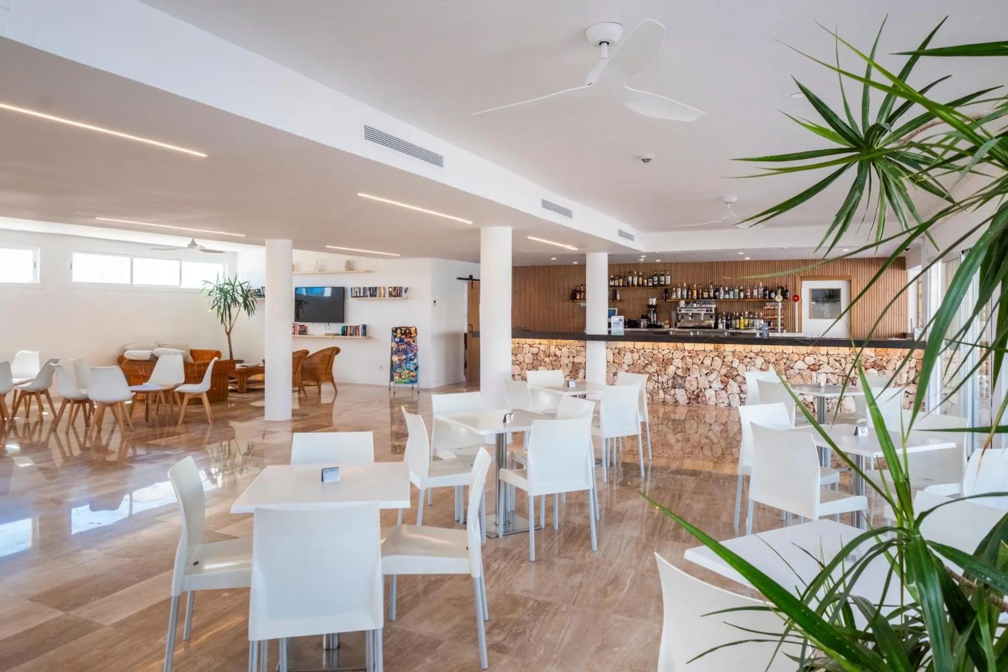Une salle lumineuse avec des tables et des chaises blanches, un bar et des plantes vertes.