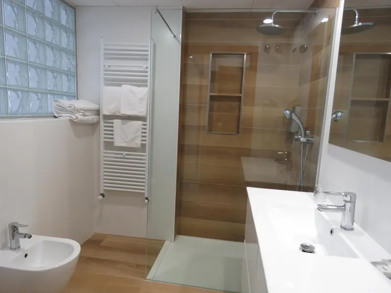 Une salle de bain moderne avec douche à l'italienne et lavabo.