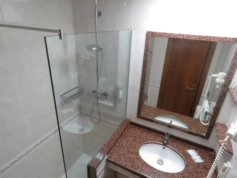 Une salle de bain avec douche à l'italienne et lavabo.