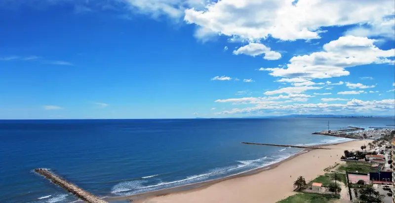 Vue aérienne d'une plage de sable fin bordée par une mer bleue et un ciel nuageux.