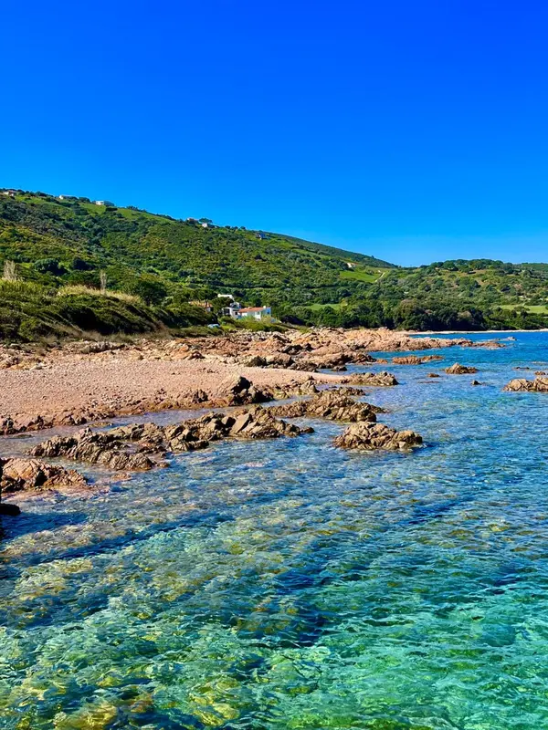 Cote rocheuse bordant une eau turquoise sous un ciel bleu.