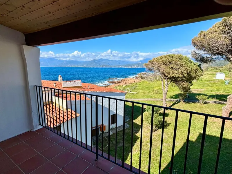 Vue sur la mer et la végétation depuis une terrasse carrelée.