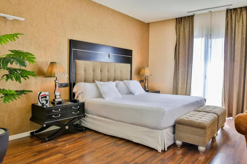 Une chambre d'hotel avec un grand lit et une décoration soignée.