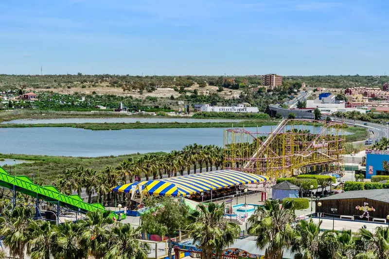 Vue aérienne d'un parc d'attractions avec des manèges et des palmiers.