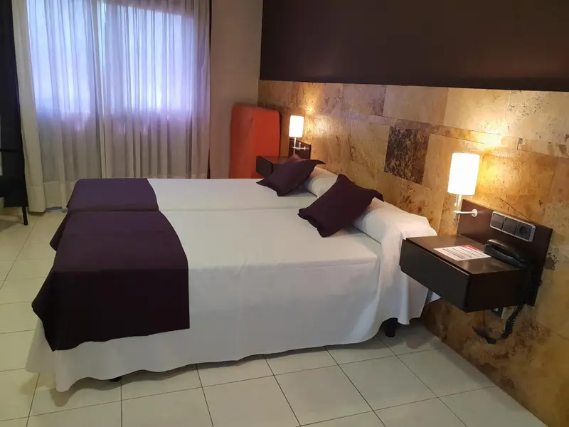 Une chambre avec un grand lit recouvert d'une courtepointe foncée et de coussins violets.