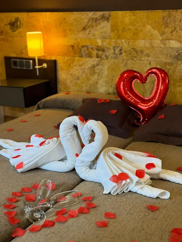 Un lit décoré de serviettes en forme de cygnes et de pétales de fleurs.