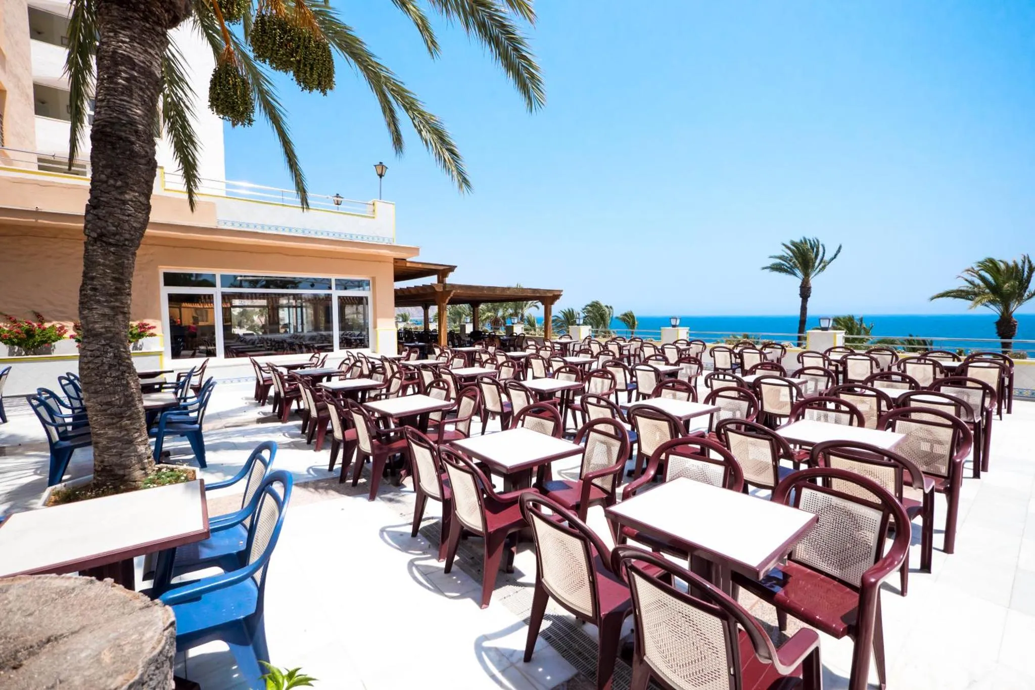 Terrasse ombragée avec tables et chaises donnant sur la mer.