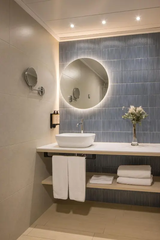 Une salle de bain moderne avec un lavabo blanc et des serviettes pliées.