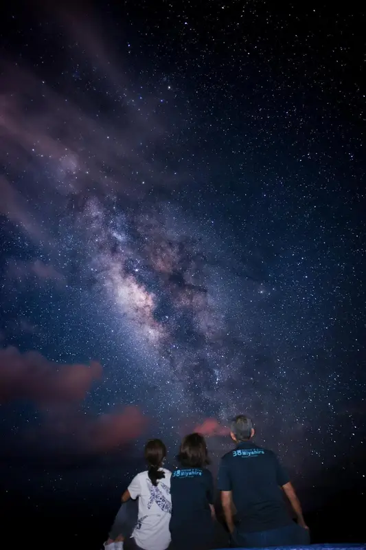 Deux personnes observent un ciel étoilé spectaculaire au-dessus de l'horizon.