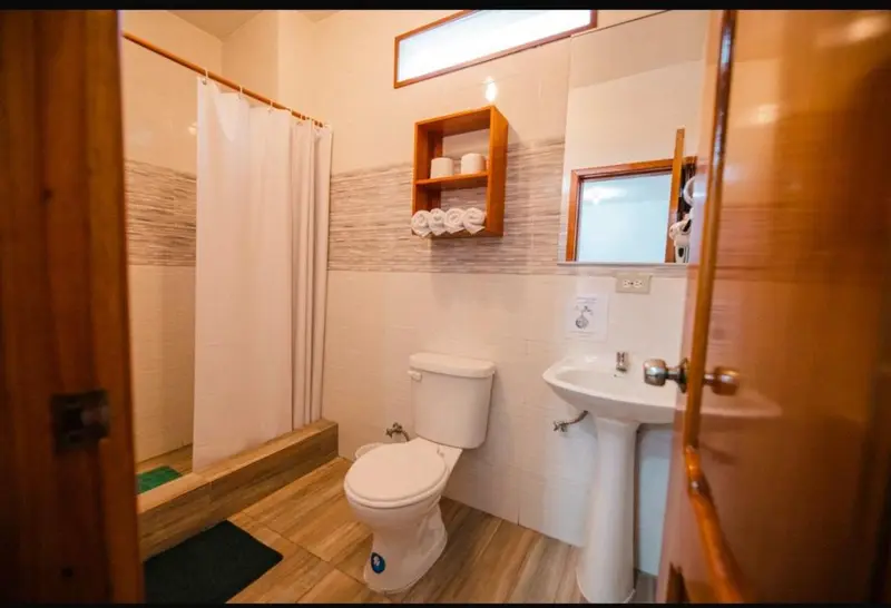 Une salle de bain lumineuse avec douche, lavabo et toilettes.