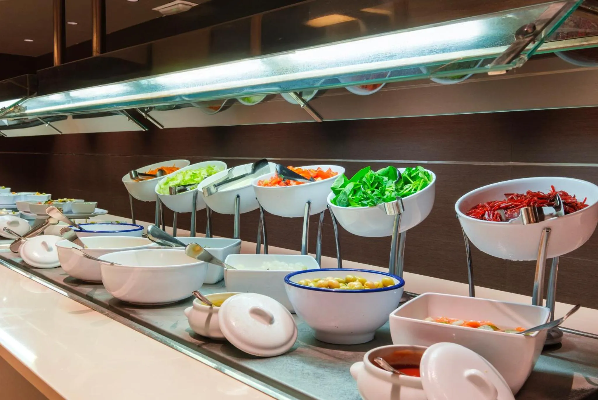 Un buffet propose une variété de salades et d'accompagnements frais.