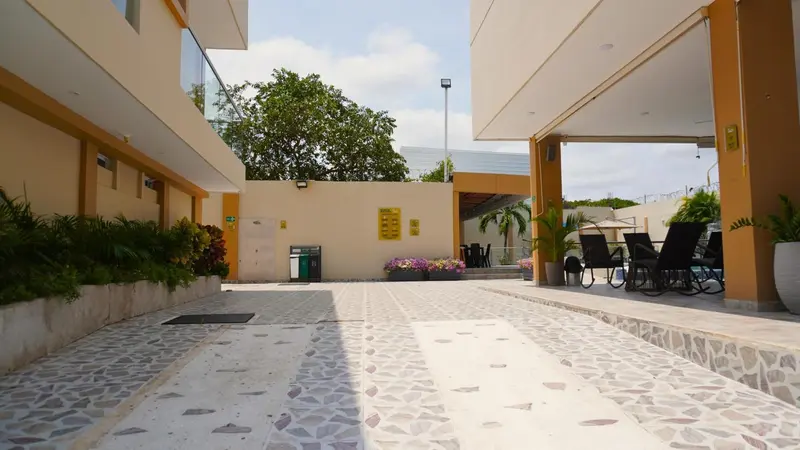 Une cour pavée mène à un espace ombragé avec des sièges et des plantes.