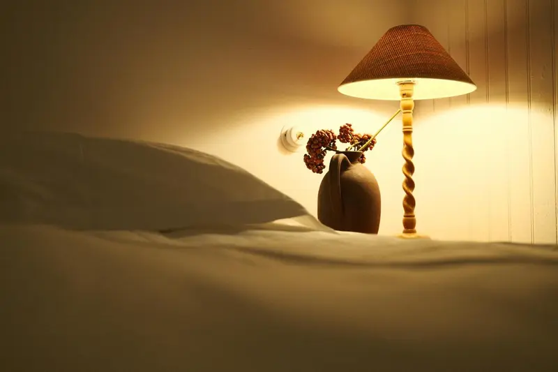 Une lampe de chevet éclaire un lit et un vase avec des fleurs séchées.