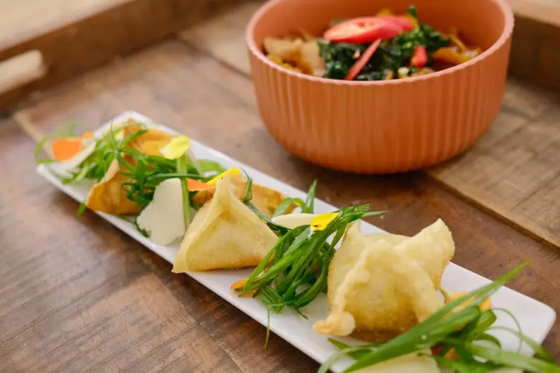 Assiette de raviolis frits et d'un plat en sauce présentés sur une table en bois.