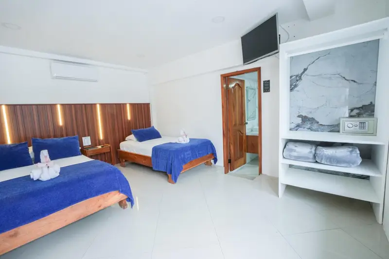 Chambre lumineuse avec deux lits simples et une décoration moderne.