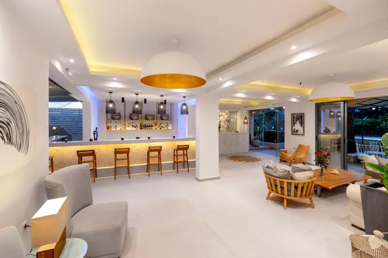 Un espace lumineux avec un comptoir de bar et des fauteuils confortables.