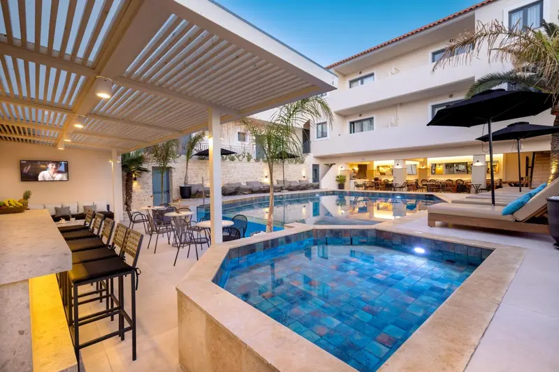 Une piscine avec un bar et des transats sous un abri.