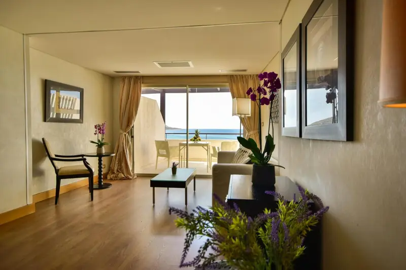 Espace de vie lumineux avec canapé et table basse donnant sur une vue mer.