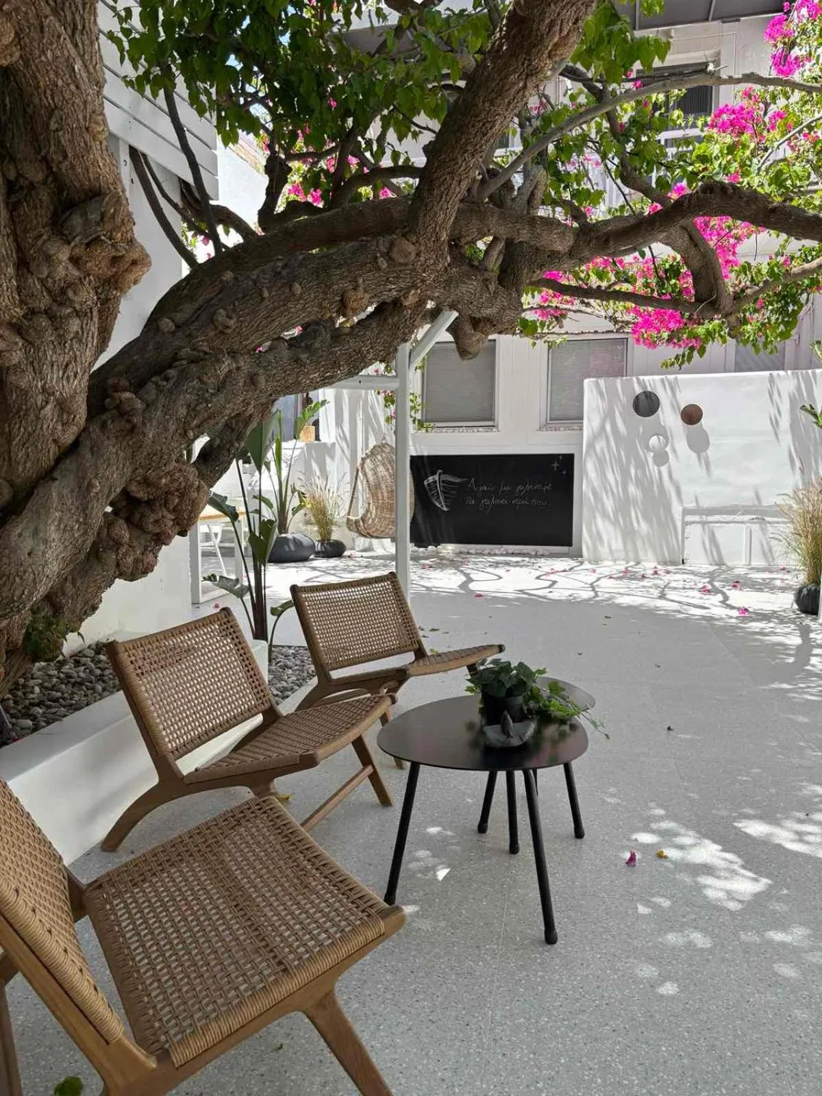 Deux fauteuils en osier et une table basse sur une terrasse ombragée.
