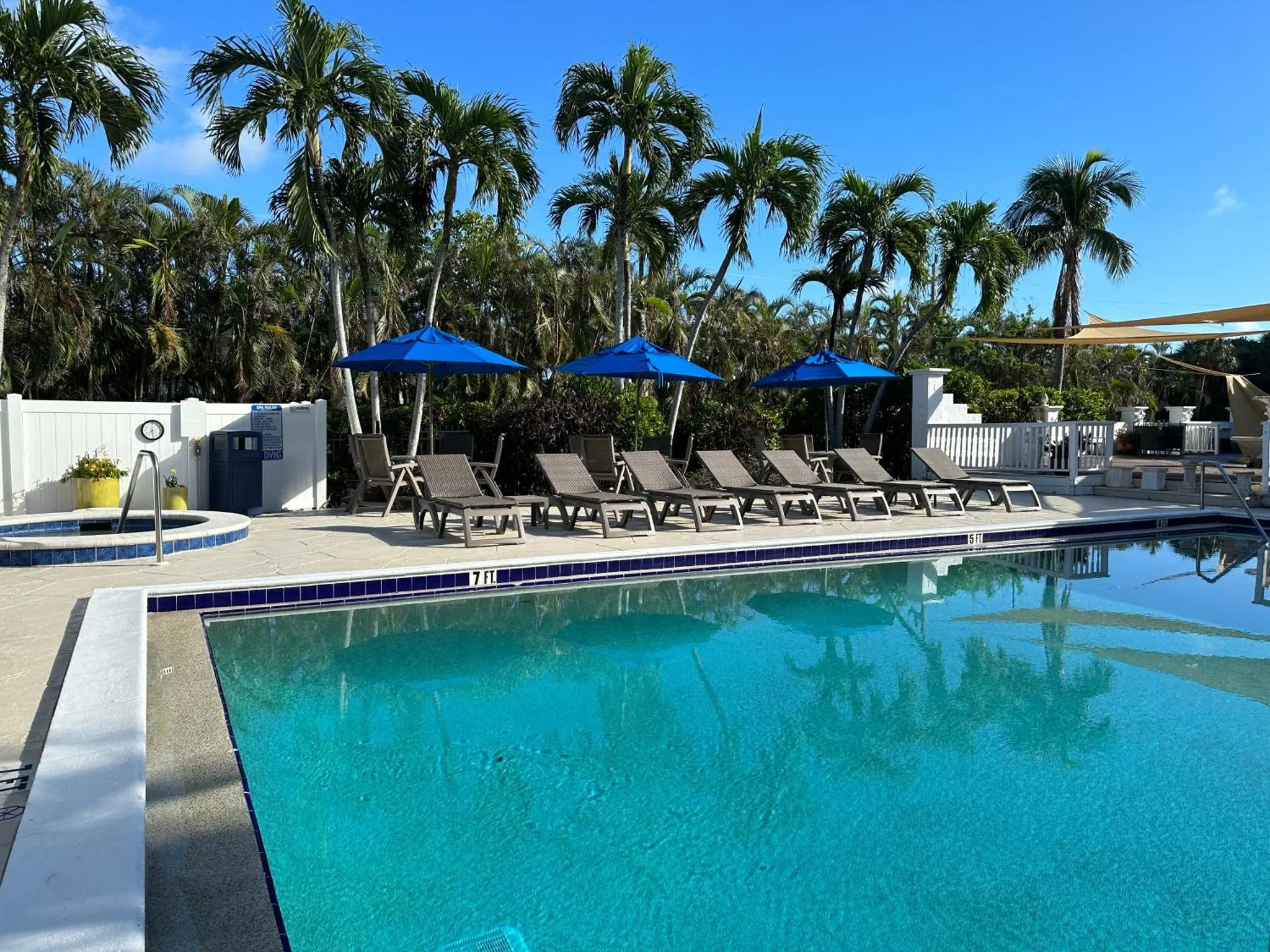 Transats bleus et chaises longues au bord d'une piscine turquoise.