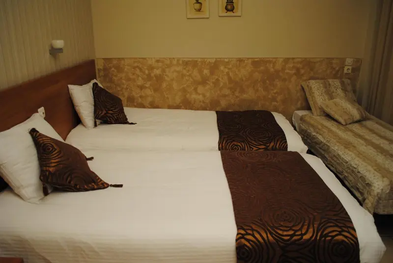 Une chambre avec deux lits simples et un coin salon.