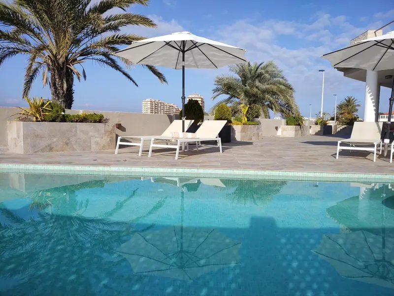 Transats blancs disposés au bord d'une piscine turquoise sous des parasols.