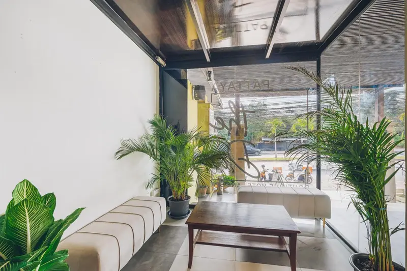 Espace d'attente lumineux avec canapés et plantes vertes.
