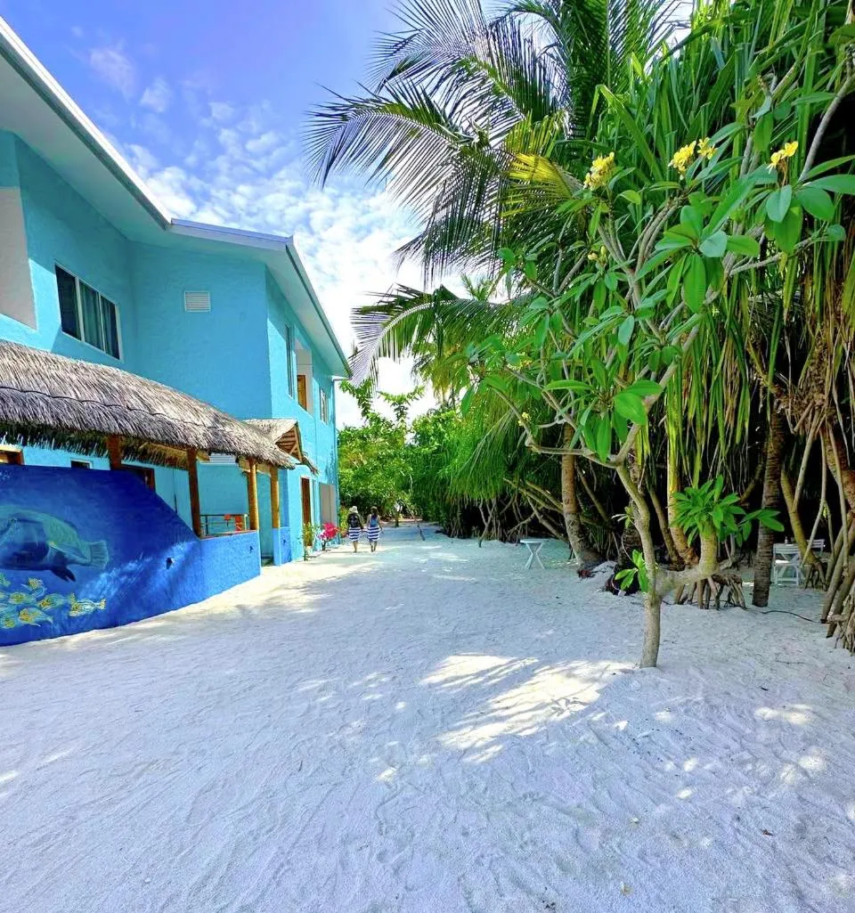 Bâtiment bleu turquoise bordant une plage de sable blanc et une végétation tropicale.