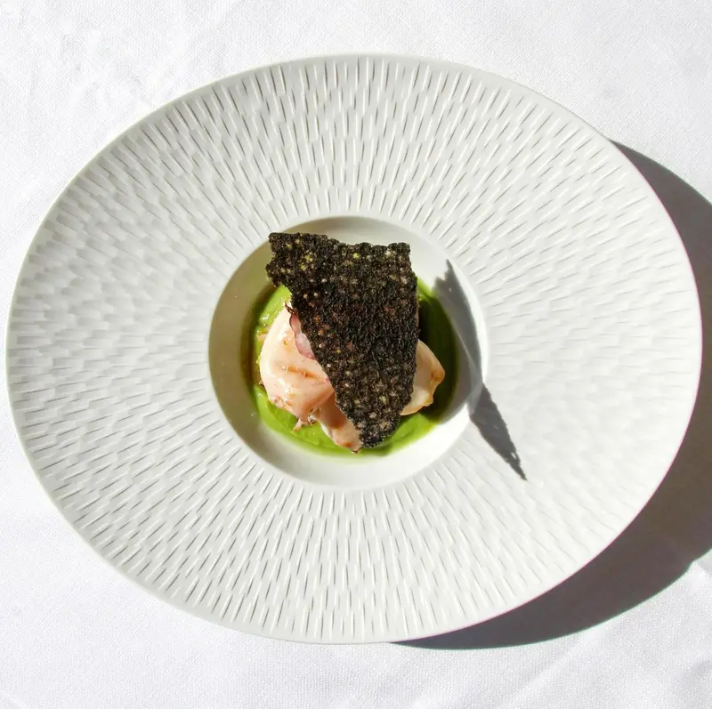 Assiette blanche ornée d'une préparation culinaire à base de poisson et d'une sauce verte.