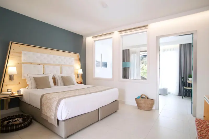 Chambre lumineuse avec un grand lit et une décoration moderne.
