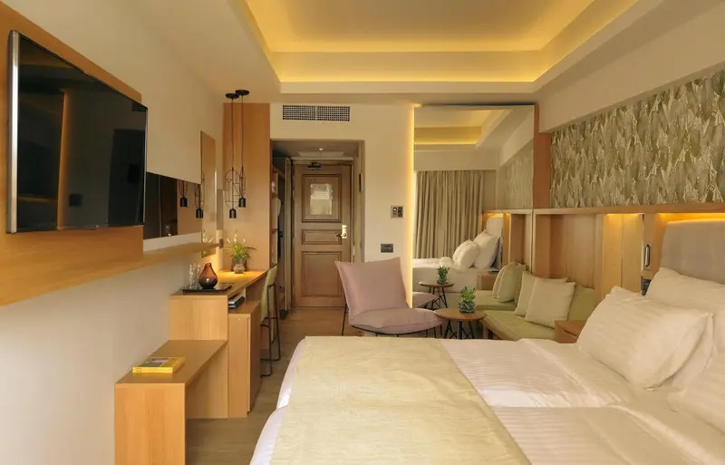 Une chambre lumineuse avec un lit, un canapé et un téléviseur.